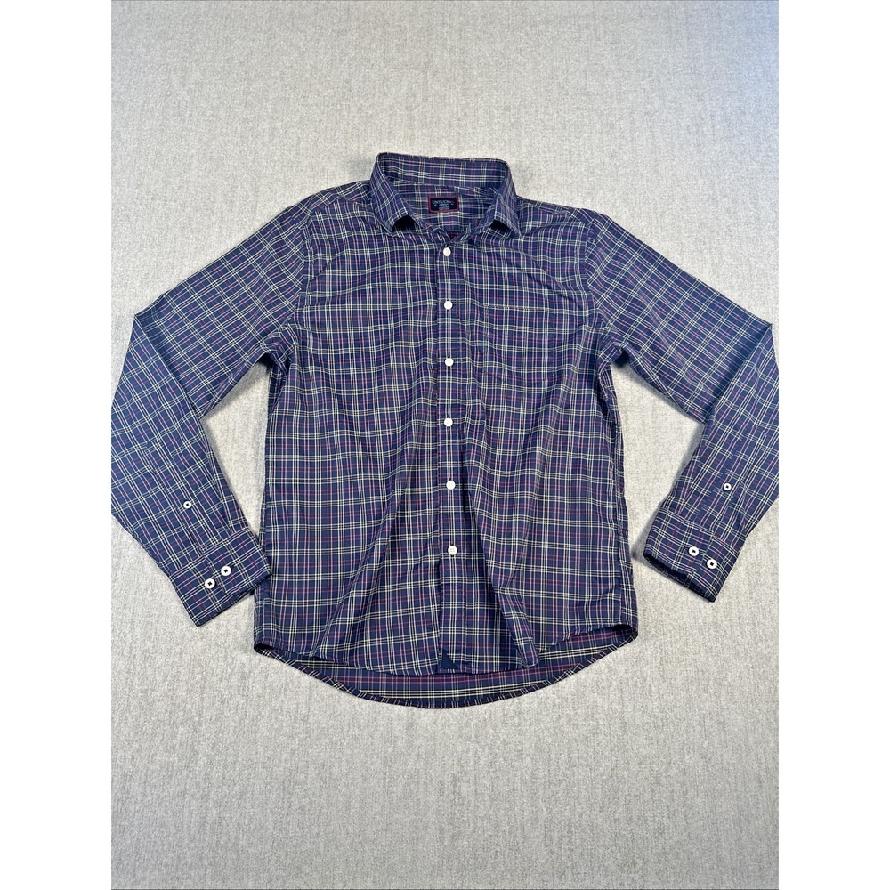 UNTUCKit Button Up Shirt Mens Medium Navy Blue Plaid Slim Fit Long Sleeve